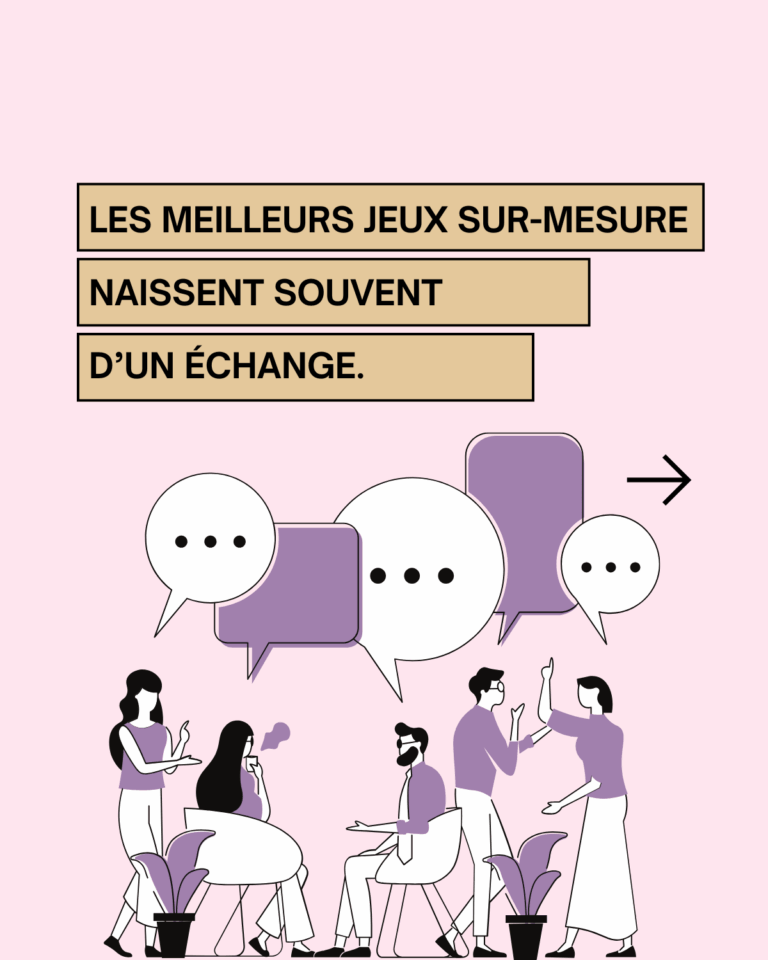 C'est une image sur fonc rose avec des personnes qui ont des bulles au dessus et des points dedans pour incarner le blabla. Avec un titre, les meilleurs jeux sur-mesure naissent souvent d'un échange.